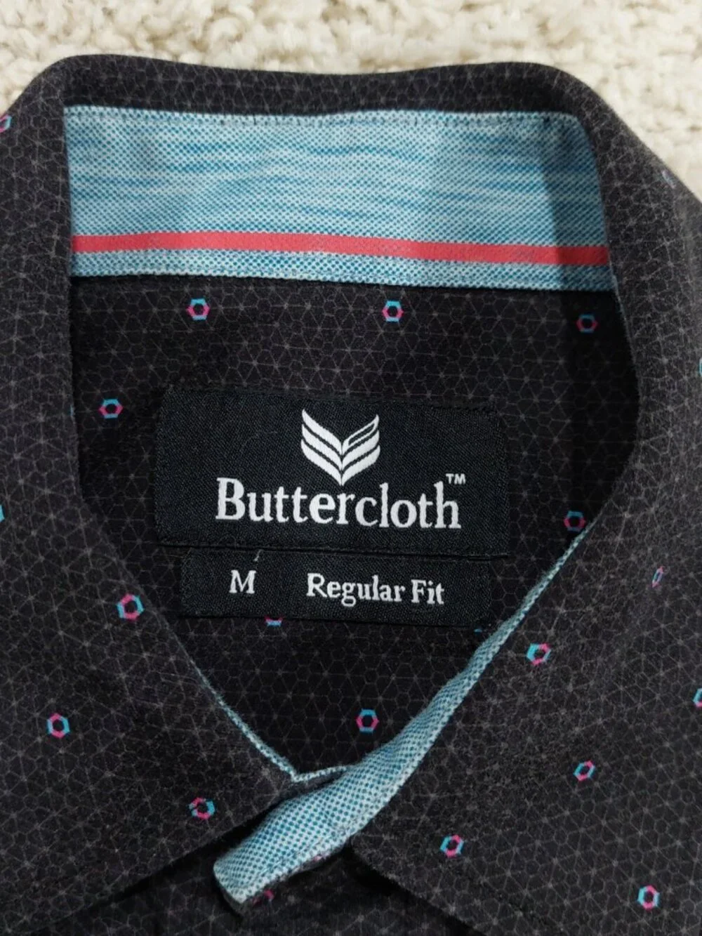 Buttercloth Button Up Shirt, Black Geometric Polka Dot Print, Cotton. Men's Sz M